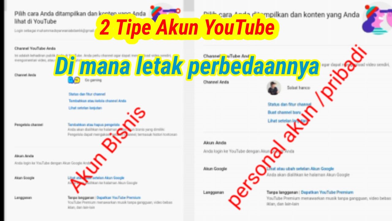 perbedaan  serta ciri-ciri akun youtube bisnis dan pribadi