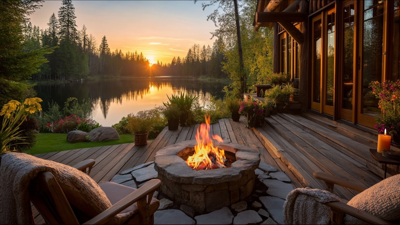 Peaceful Lakeside Porch Evening Ambience | Campfire, Calm Water & Gentle Birds Sounds