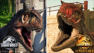 СРАВНЕНИЕ Динозавров JWE 1 и JWE 2 | Мир Юрского периода Эволюция 2 и 1