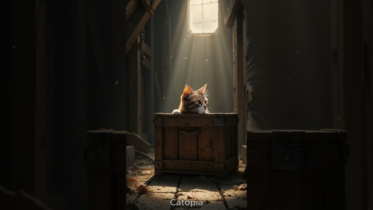 "Curious Eyes: The Mysterious Cat in a Rustic Attic 🐾🌙"
