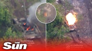 Russian tank operator set on fire with direct Ukrainian artillery strike on tank