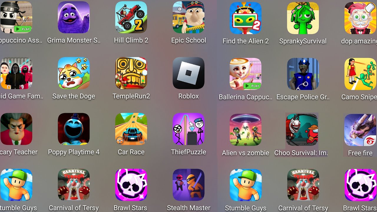 Roblox,Poppy Playtime 4,Sprunki Survival,Epic School Escape,Save The Doge,Stumble Guys,Hill Climb 2