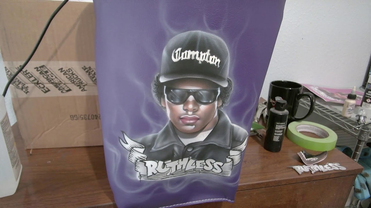 Airbrushing Eazy-E on Faux Leather - YouTube