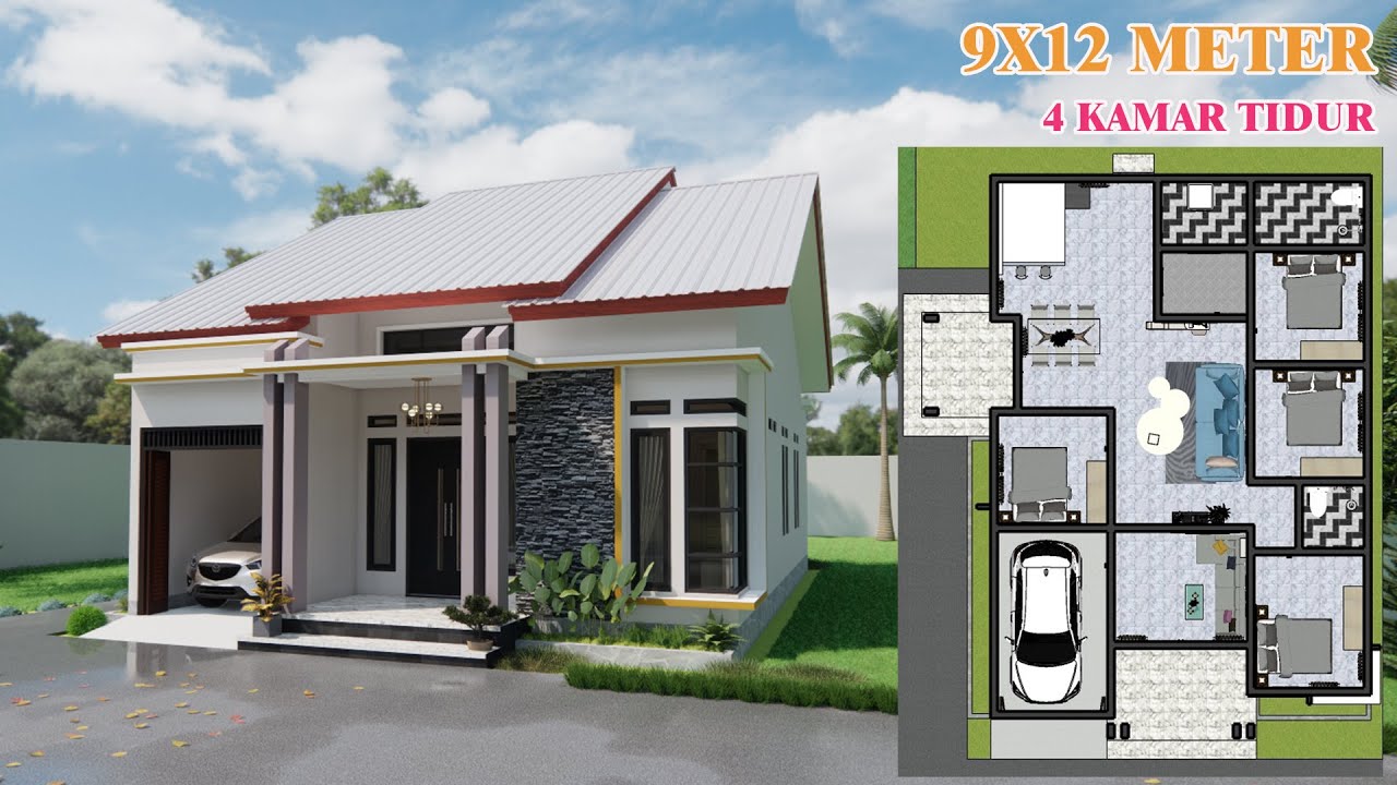 DESAIN RUMAH MINIMALIS DI PEDESAAN 4 KAMAR TIDUR || UKURAN 9X12 METER \\ Owner: Pak  Triyono