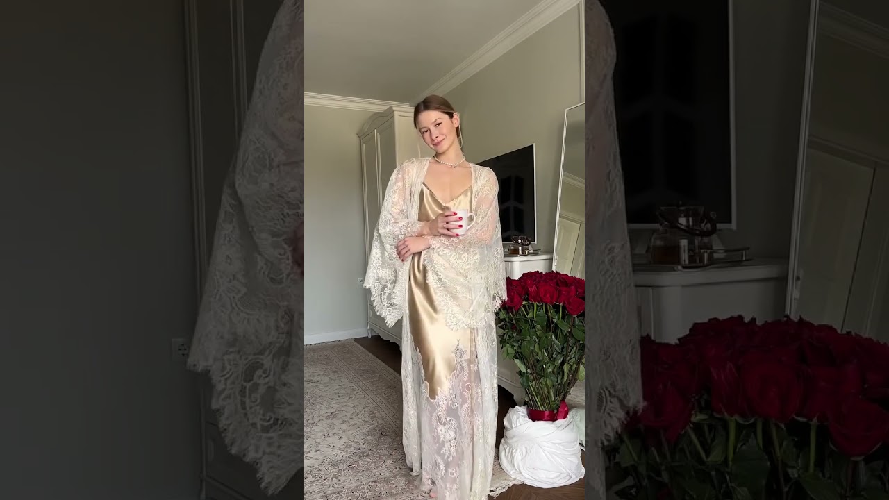 Long gold satin nightgown with lace robe 