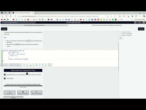 Introductory Java script challenge: Getting average and grading challenge  from freeCodeCamp.org
