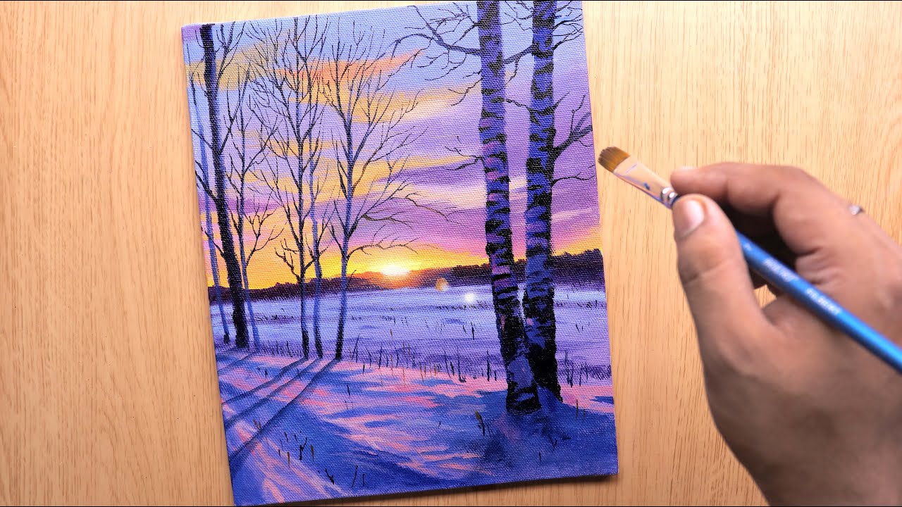 Acrylic painting idea landscape painting of sunset and winter snow ...