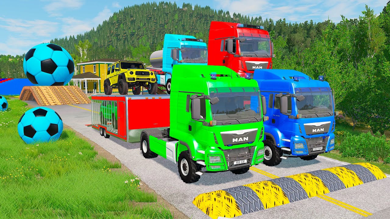 Double Flatbed Trailer Truck vs Speedbumps Train vs Cars | Tractor vs Train Beamng.Drive 0118