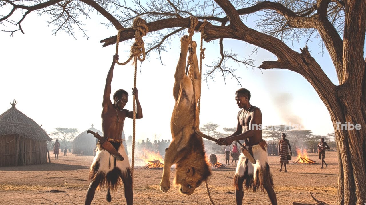 Опасная охота племени хадзабе | Встреча со львом и охотником | Охота племени хадзабе