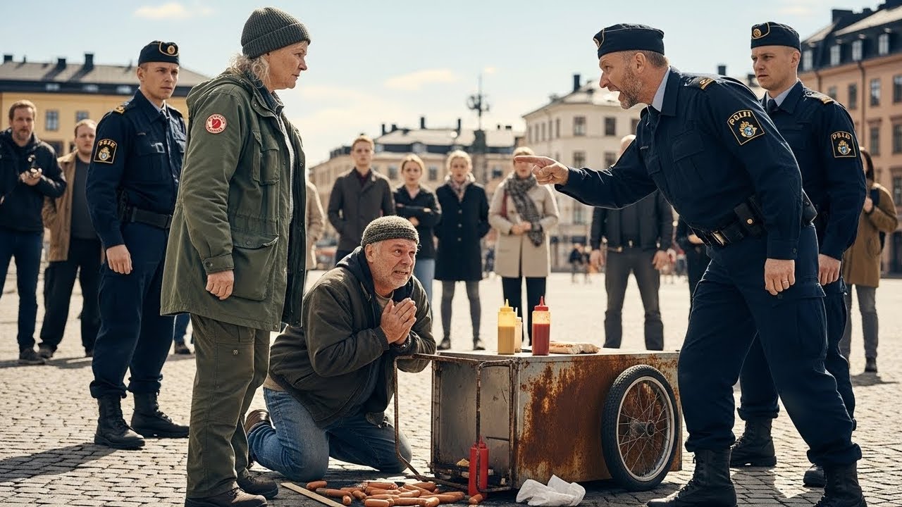 Polisen slår korvgubben, men anar inte vem den "fattiga" kvinnan som ingriper är
