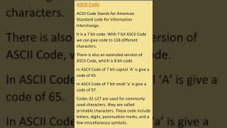 ASCII Codes American Standard code for Information Interchange