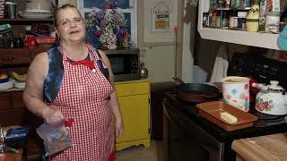 Appalachian cooking with Brenda' Valentine meal: steak, shrimp, poor folks  peach cobbler