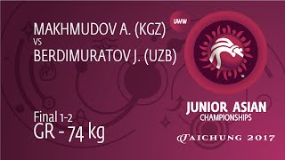 GOLD GR - 74 kg: A. MAKHMUDOV (KGZ) df. J. BERDIMURATOV (UZB) by FALL, 4-1