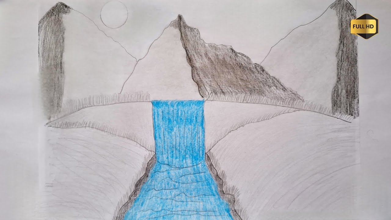 How to draw mountains and a waterfall with a pencil - a classic we love.