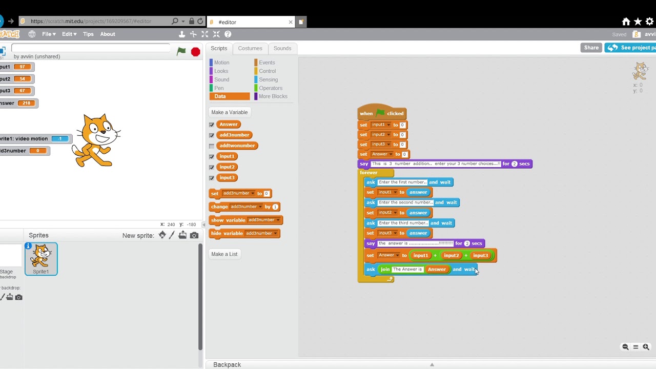 Scratch Basics and 3 Number Addition - YouTube