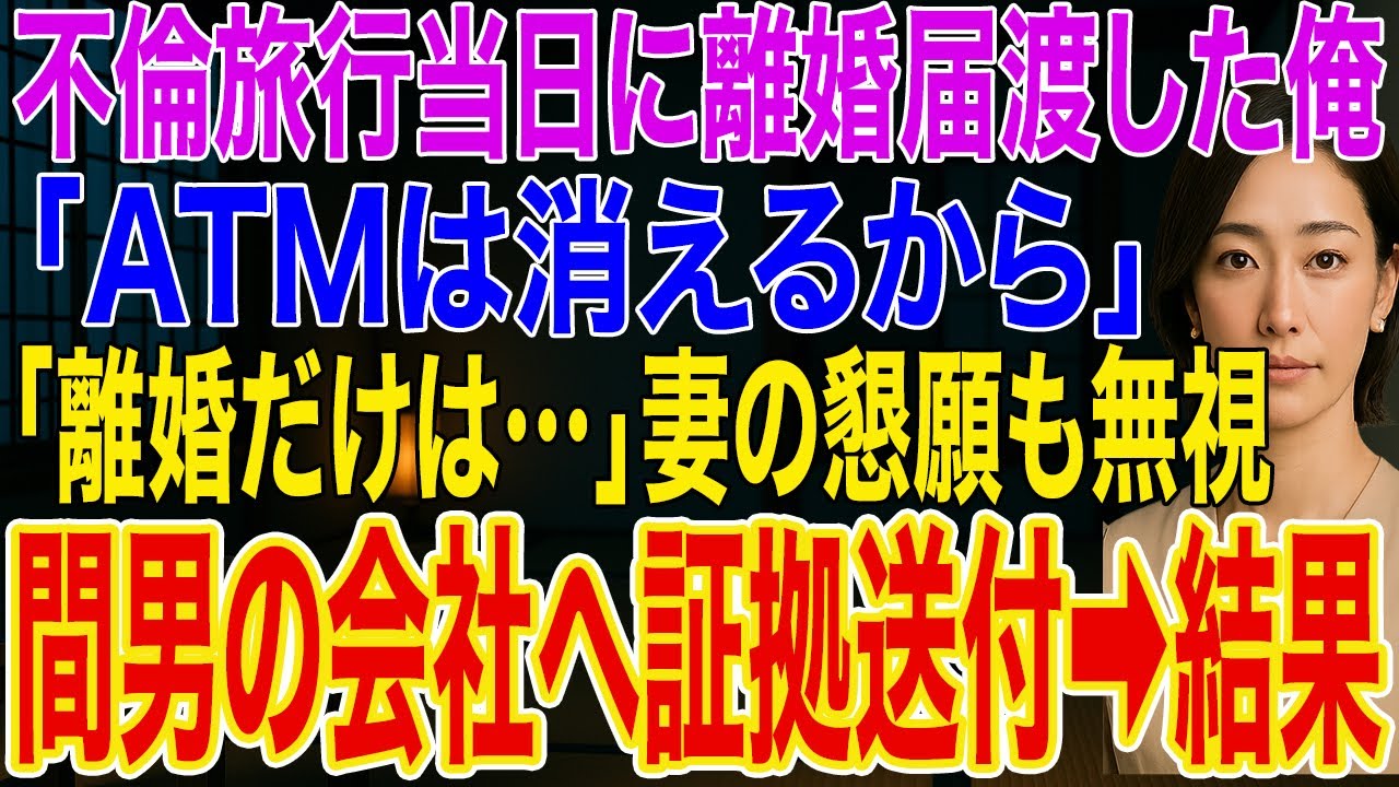 【修羅場】妻の不倫旅行出発時に離婚届を渡し俺「ATMは消えるから」妻「離婚だけは…」➡鬼電を無視し間男の会社にも証拠送付した結果…