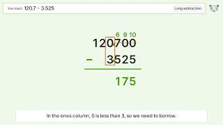 Long Subtraction Problem 120.7-3.525: Step-by-Step Video Solution