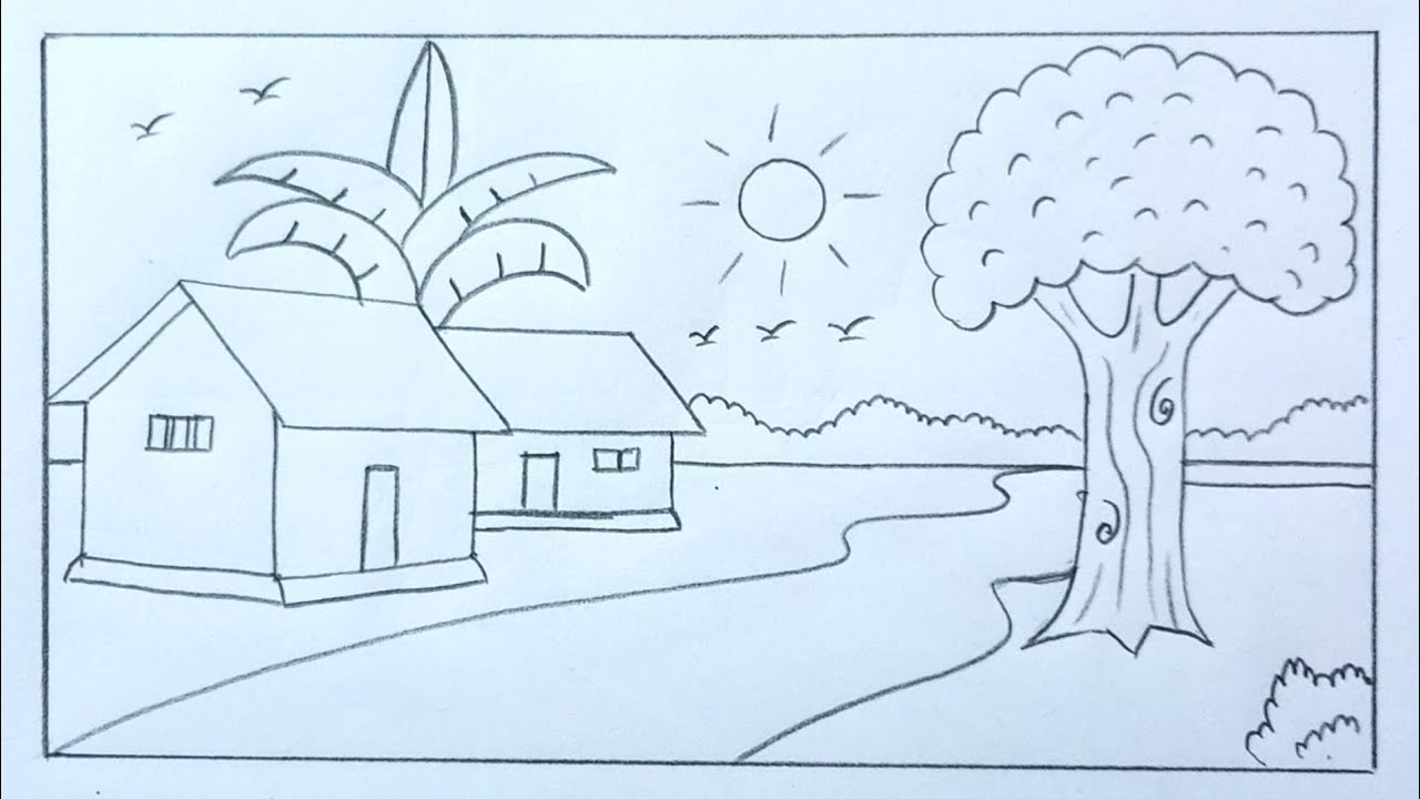 গ্ৰামের দৃশ্য কিভাবে সাজিয়ে আঁকতে হবে||ছোটদের জন্য দৃশ্য||