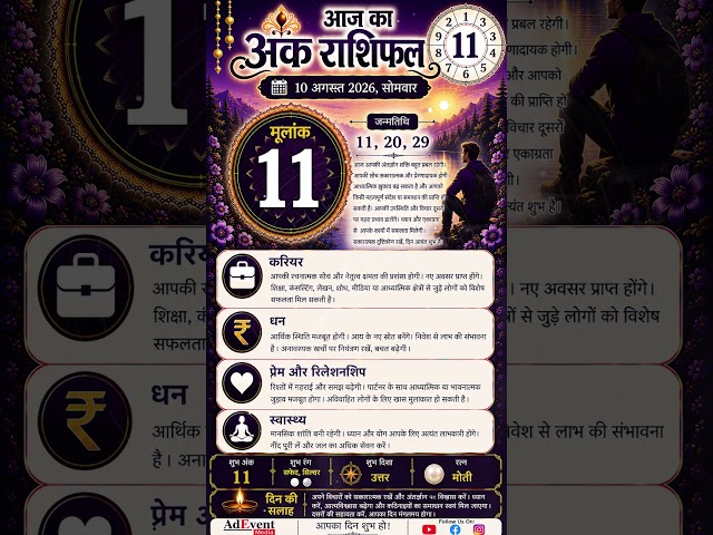 आज का अंक राशिफल | मूलांक 11 वालों के लिए कैसा रहेगा आज का दिन? करियर, धन, प्रेम और स्वास्थ्य