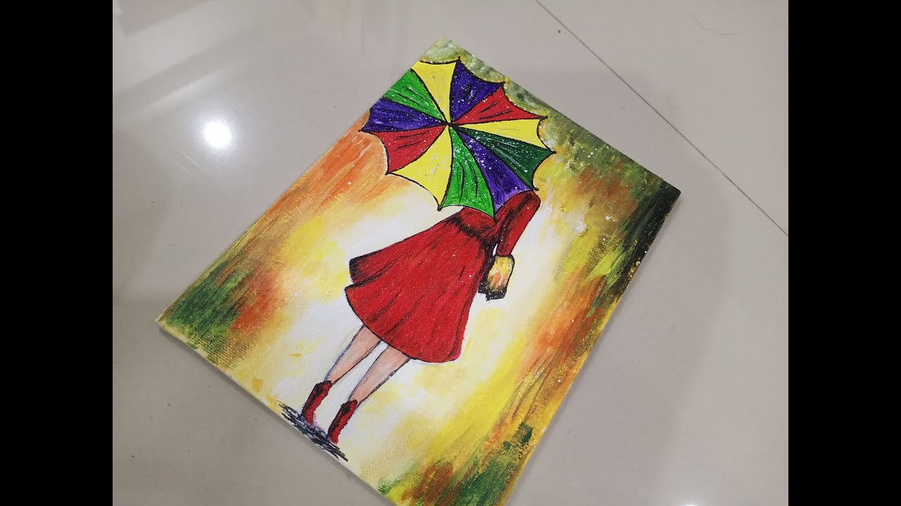 Girl with Umbrella Acrylic Painting//How to Draw Girl with Umbrella