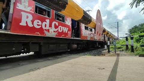 Amazing Advertisement (Red Cow) Printed Colourful 12 Coach EMU Electric Multiple Unit Train Coming