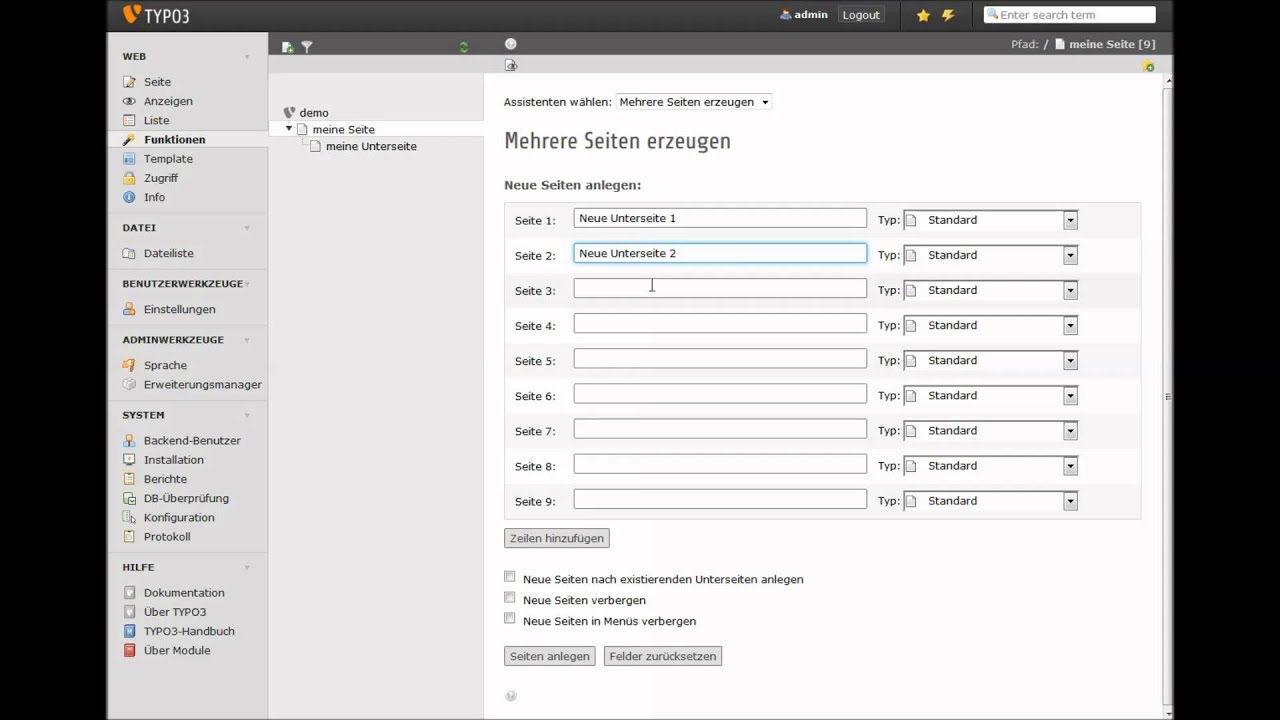 Typo3 Mehrere Seiten Gleichzeitig Anlegen Youtube