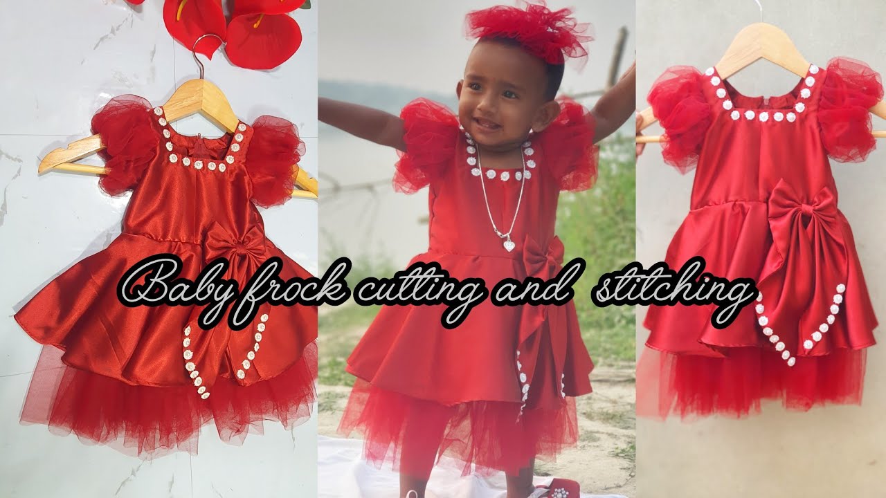 Baby girl dress cutting and stitching 🤍❤/Net fabric dress design /Puff sleeves frock cutting❤️🤍