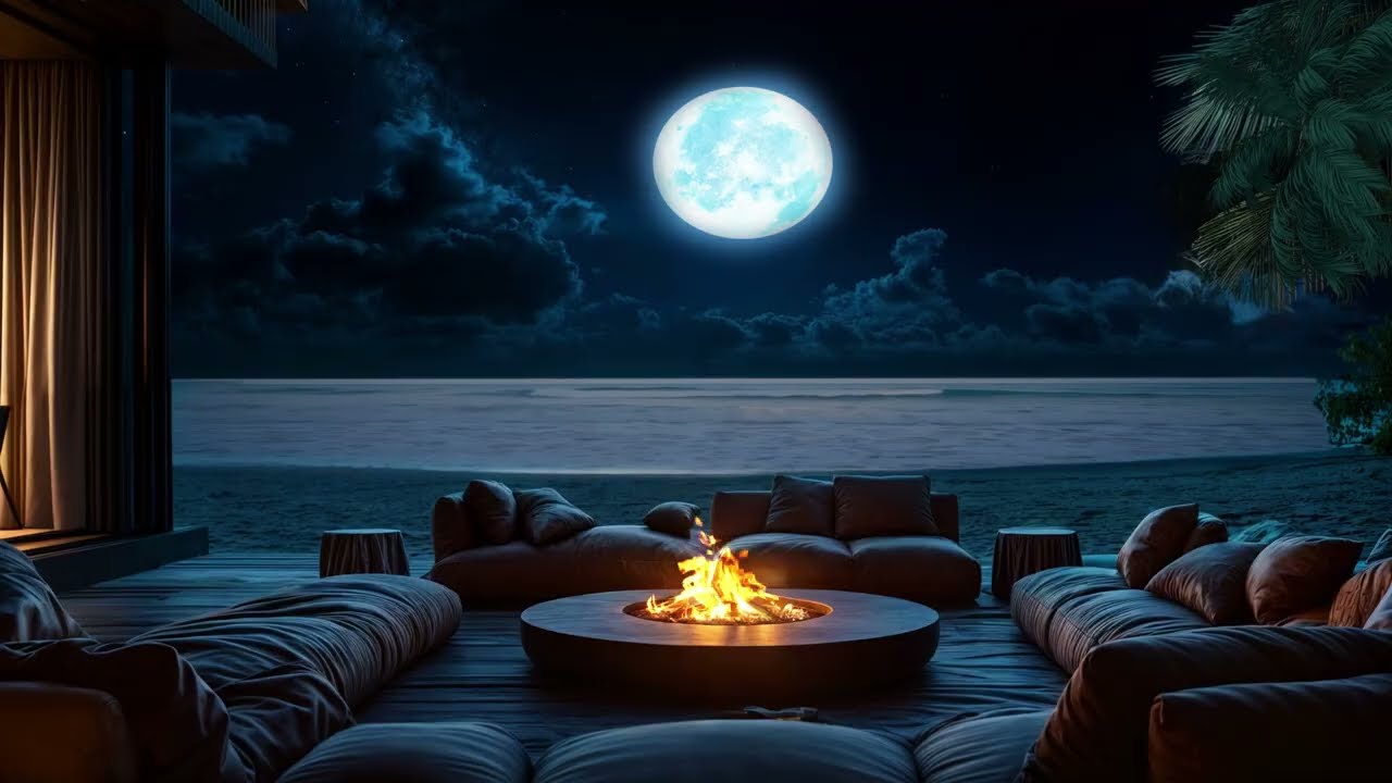 4K Full Moon Ocean Night 🌕 Cozy Beach Lounge, Fire Pit & Palm Trees | Relaxing Sleep Ambience