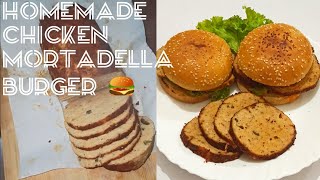 Juicy Homemade Chicken Mortadella Burger Packed With Creamy Flavors And Fresh Veggies.