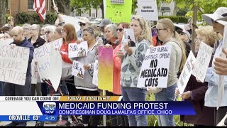 Large group of citizens protest outside of Congressman Doug LaMalfa's office over spending plan to