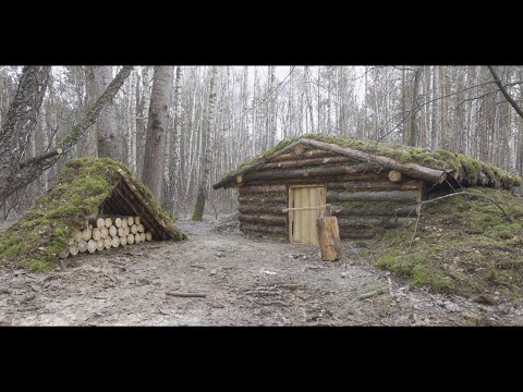 building bushcraft survival Dugout shelter , alone in dark forest , no talking