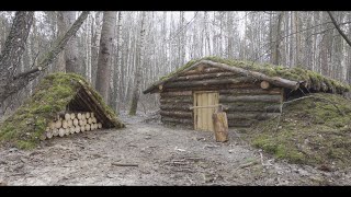 building bushcraft survival Dugout shelter , alone in dark forest , no talking