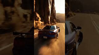 Golden Hour Cliff-Edge Drift: Nissan Skyline ER34 through Narrow Canyon S-Curve