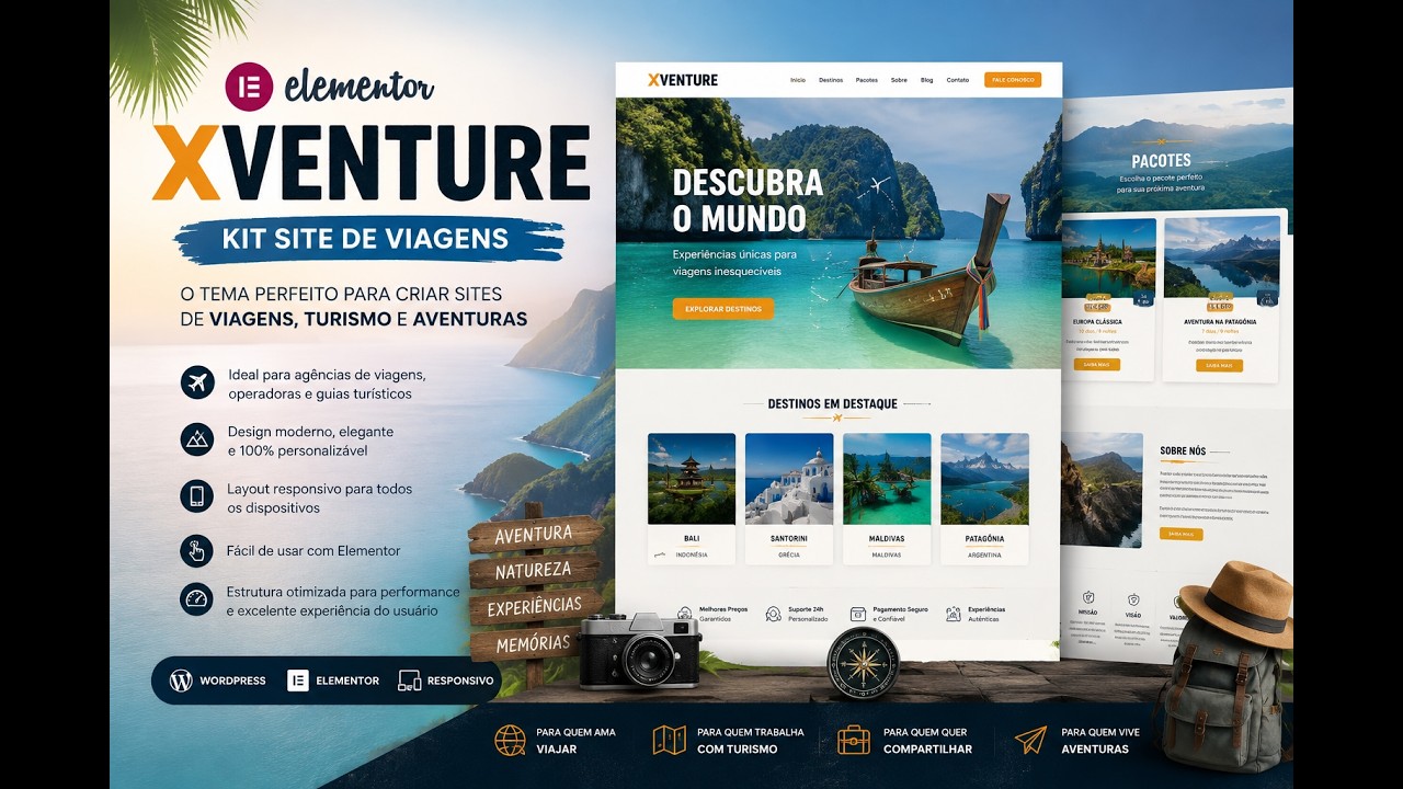 video Tema Elementor Xventure Kit Site de Viagens