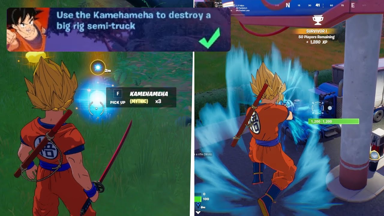 Use the Kamehameha to destroy a big rig semi-truck Fortnite Dragon Ball Quest