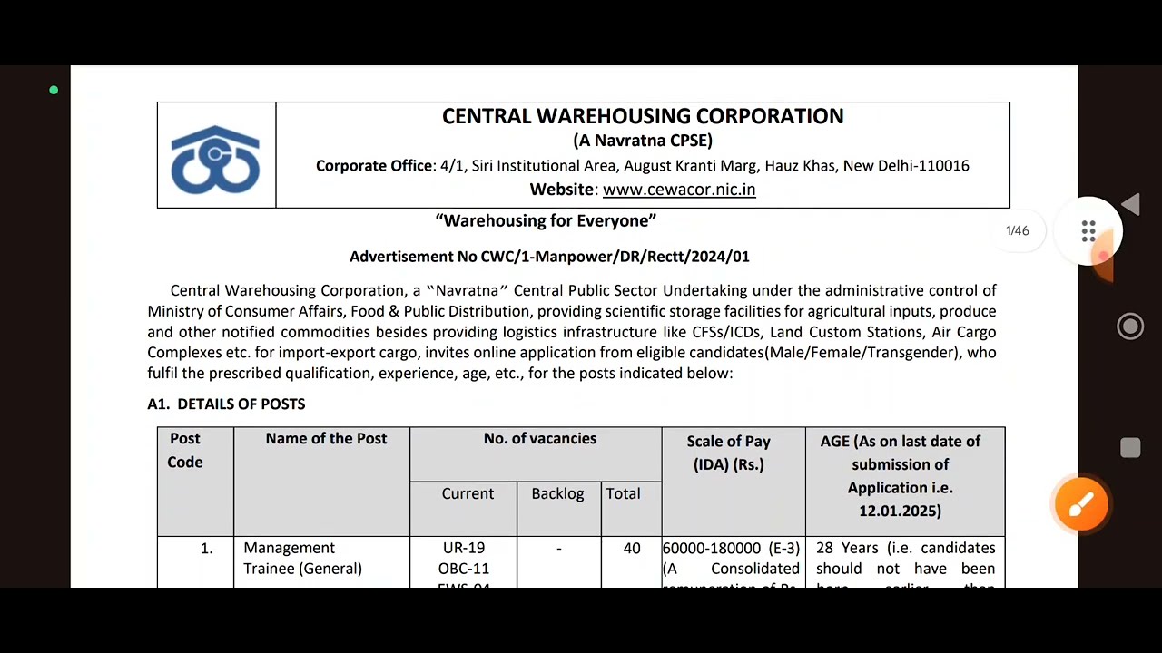 Recruitment of Central Warehouse Corporation (CWC)2024
