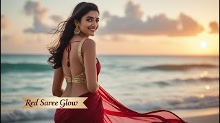 Glamorous Saree Walk On Sunset Beach Indian Saree Fashion Cinematic Video Red Chiffon Saree