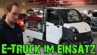 Wir fahren den E-Truck von Aixam, und bringen damit zwei Agora weg.