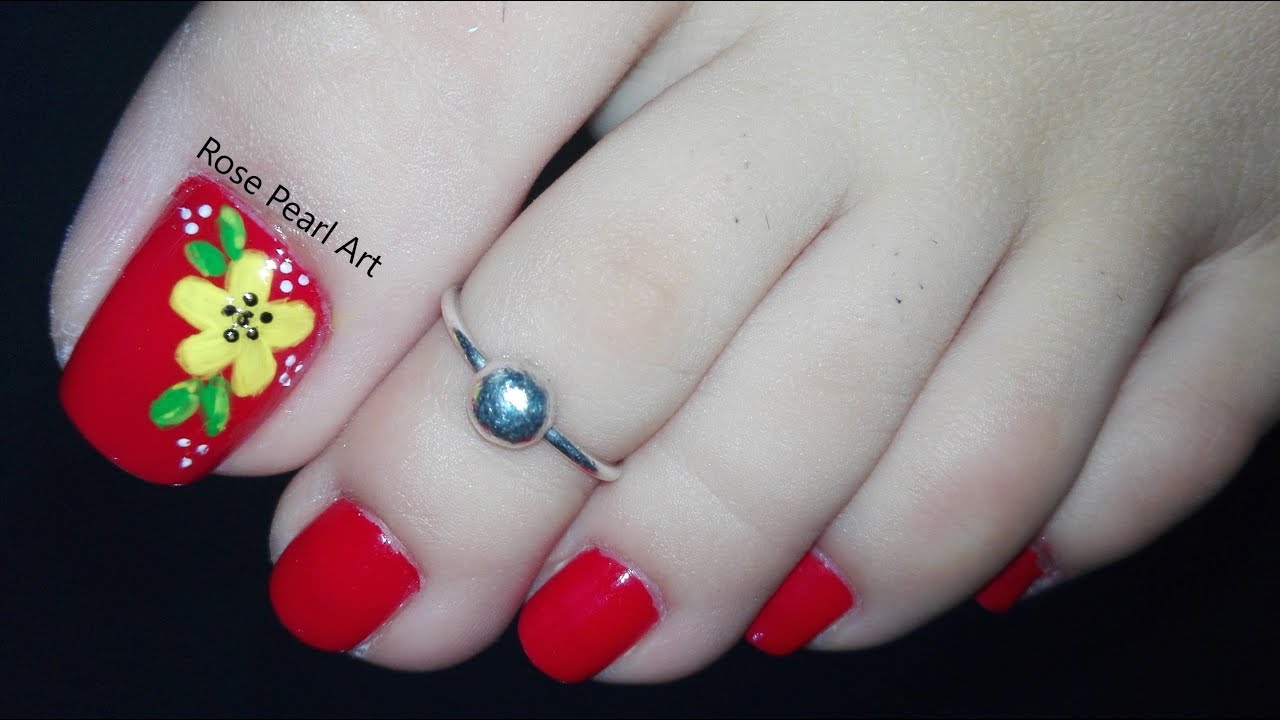 Yellow Flower On Red Pedicure Nail Art Tutorial Summer Nails Toe Nail Art Rose Pearl Youtube