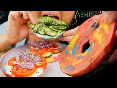 VIVID Rainbow bagel with LOTS cream cheese & everything but the bagel seasoning  suellASMR