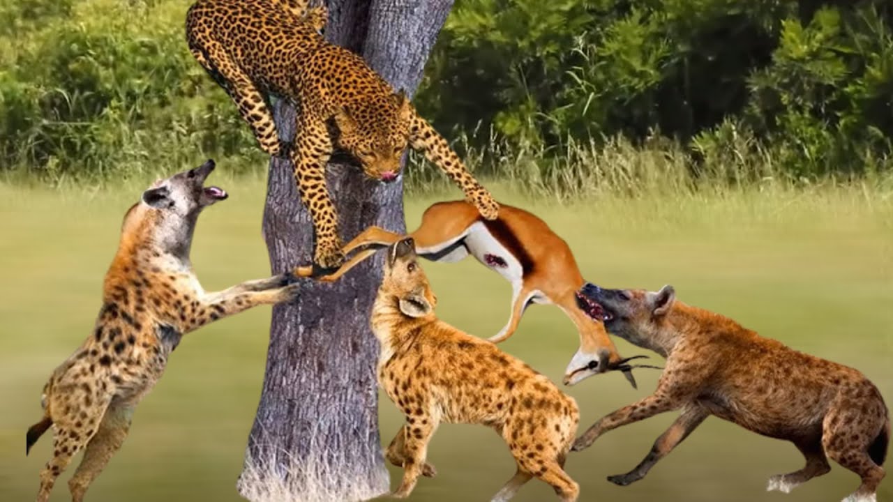 Hyena Regrets When The Leopard Stole Its Prey | Leopard Steals Prey Climb  Tree Escape From Hyena