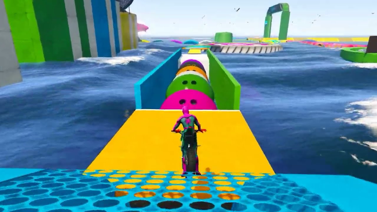 Pink Spiderman Plays in water ramp | Bike race | Bridge | GTA V | Bot Noob