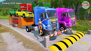 Double Flatbed Trailer Truck cars vs rails tractor vs train cars vs bollards Beamng Drive 406