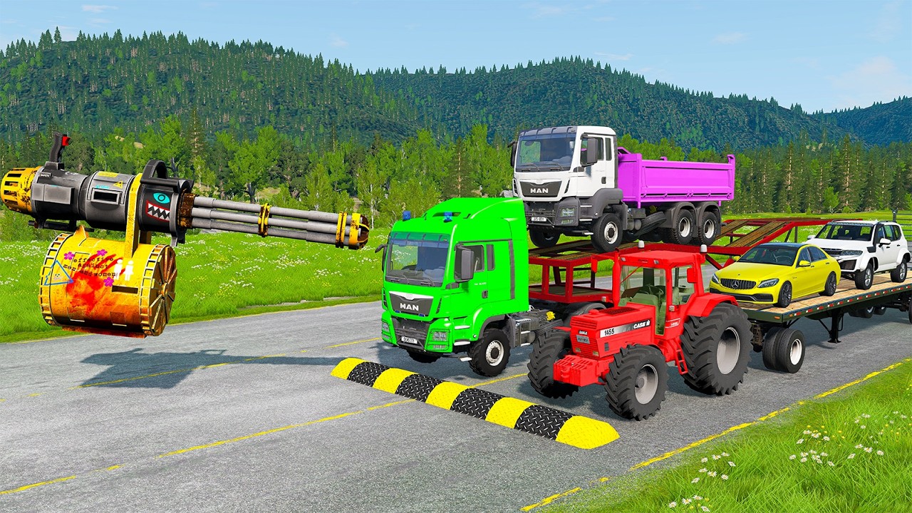 Flatbed Trailer McQueen Transportation with Truck - Speedbumps vs Cars vs Train - BeamNG.Drive #4