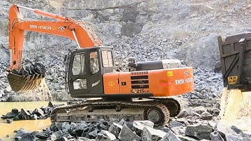 Tata Hitachi EX215 Excavator loading trucks in stone quarry - 2021 Model