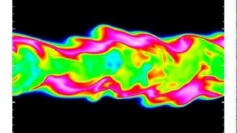 Temperature contours in a DNS of a temporally-evolving turbulent non-premixed ethylene jet flame