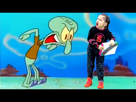 Squidward trying to get a pizza from Spongebob but this is Dominika