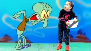 Squidward trying to get a pizza from Spongebob but this is Dominika