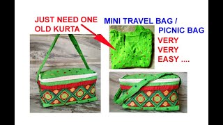 REvise -REUSE old kurta - mini travel bag / picnic bag / handmade bag from cloth - cloth bag making