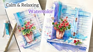 Calm & simple watercolor. Geranium flower pot on the windowsill. Light and shadow.